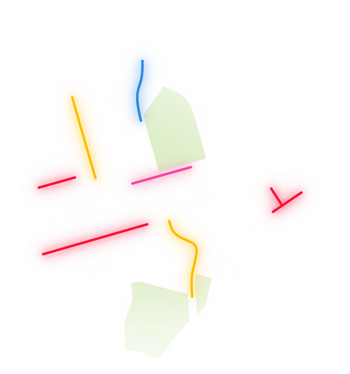 Abstract map with highlighted, colourful roads